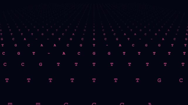 Genetic code sequence moving through deep space as a digital animation video clip showcasing complex biological data research concepts
