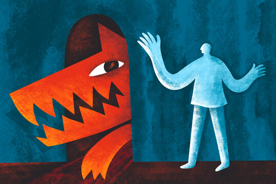 Man stands before a door with a large, colorful dog face