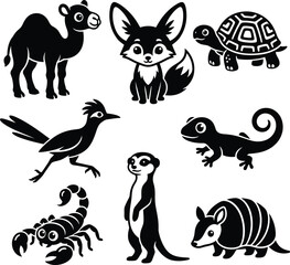 Fototapeta premium A array of cute black silhouette desert animals including a camel, fennec fox, tortoise, and various creatures.