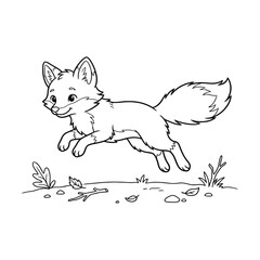 Cute little baby fox jumping and playing outside in the grass for a fun coloring page design