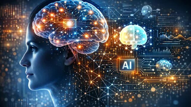 A person's head as a digital landscape with AI data and technology elements like neurons and circuits.