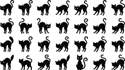 Obraz premium Halloween Black Cat Silhouette Collection with Various Cat Poses, Paw Prints, Feline Vector Illustrations Isolated on White Background