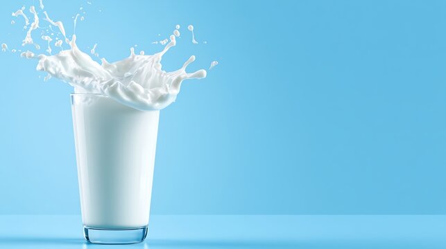 Splashing milk in a clear glass on blue surface.
