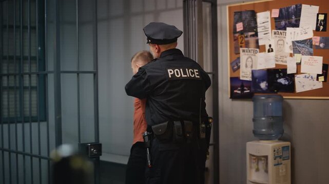 Strict police officer escorting a detainee into a jail cell, removing handcuffs