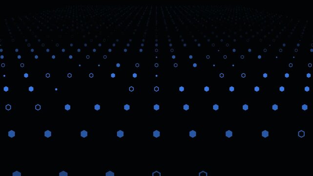 Hexagonal geometric pattern creates a rhythmic motion animation with glowing blue shapes fading into darkness on this digital video clip