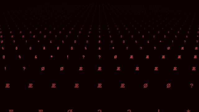 Red punctuation marks and symbols floating in dark space create an abstract digital motion animation for modern technology projects