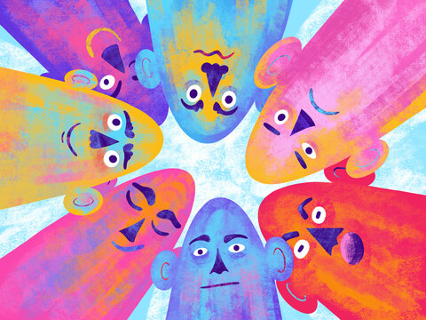 Group of colorful faces sharing thoughts together