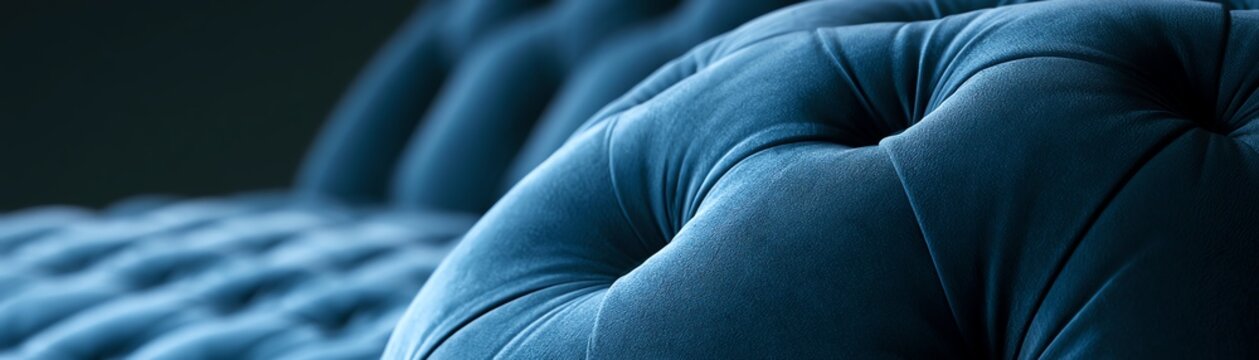 Elegant blue tufted sofa close-up detail.