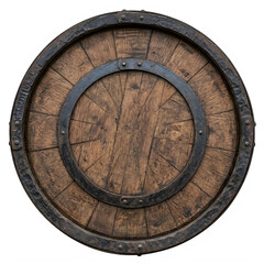 Fototapeta premium Top view of a round wooden barrel lid with dark metal rings isolated on transparent background