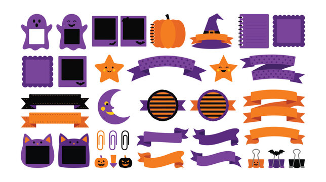 Spooky Halloween vector collection, 30+ purple and orange graphic elements, cute ghost frames, pumpkin, witch hat, moon, cat, stars, banners, paper clips, binder clips