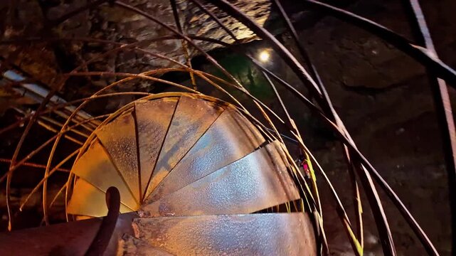 Illuminated stairway spirals through the dramatic rock formations of Moaning Caverns
