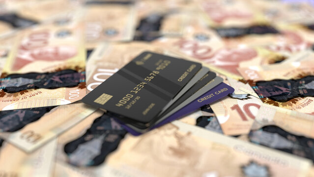 Multiple black credit cards resting on a pile of canadian dollar banknotes.