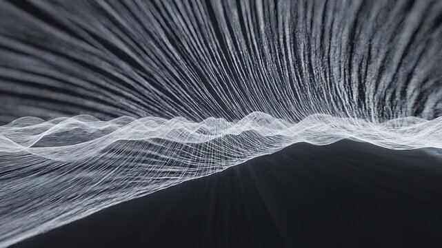 Abstract monochrome wavy lines stretching out across a dark space
