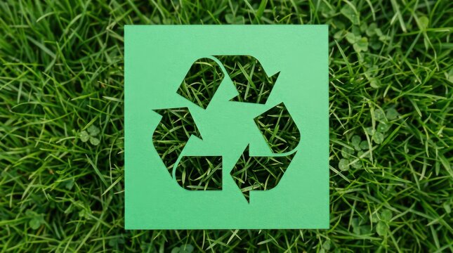 Green recycling symbol icon on a natural grass background
