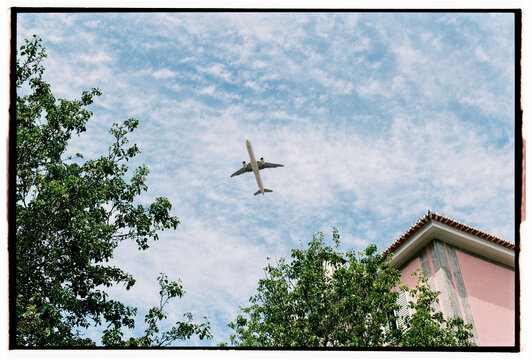 Passenger Jet Above Urban Trees and Pink Building