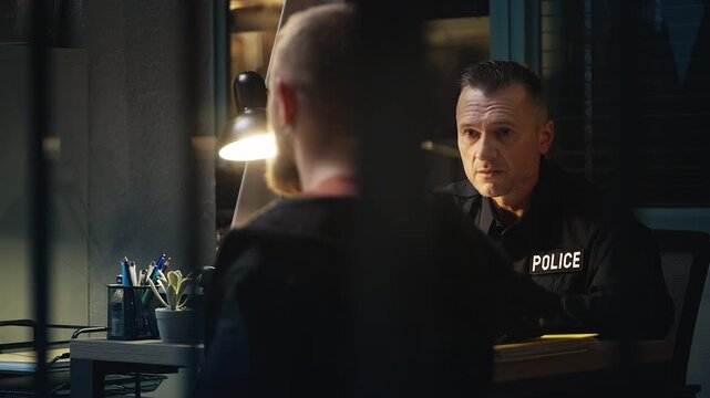 Male witness giving a statement to a middle-aged police detective at the station