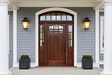Obraz premium The Wooden Front Door Framed by Arched Transom, Lanterns, and Columns