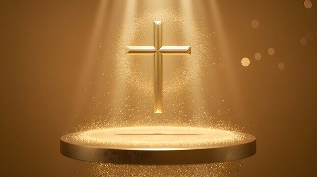 A glowing golden christian cross floating above a circular podium under bright divine sunbeams and sparkling glitter particles on a warm bronze background.