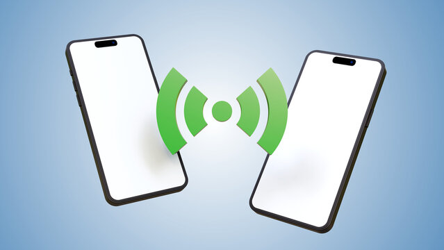 Two smartphone mockups sharing data with green wifi connection signal icon on a light blue background. Blank screens template.