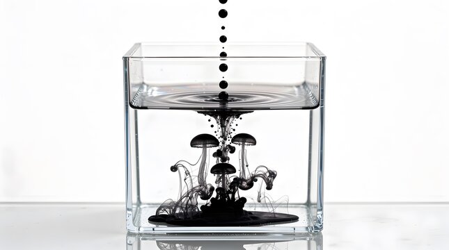 Black ink dripping into a transparent glass square tank filled with clear water forming abstract mushroom shapes and swirls against a plain white background.