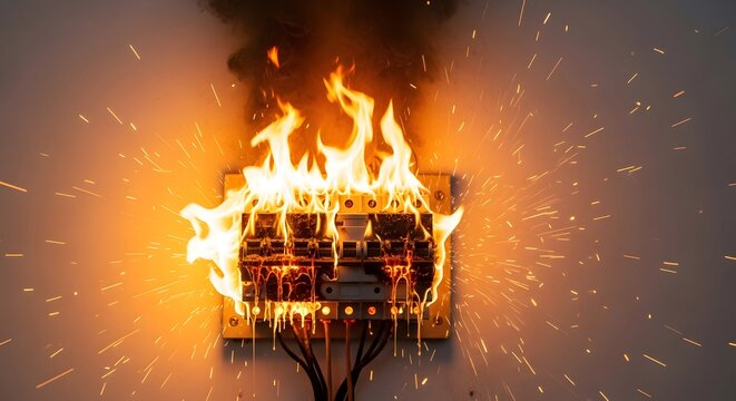 Electrical circuit breaker panel on fire with sparks
