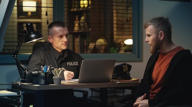 Police officer questioning a male witness at the station, writing notes