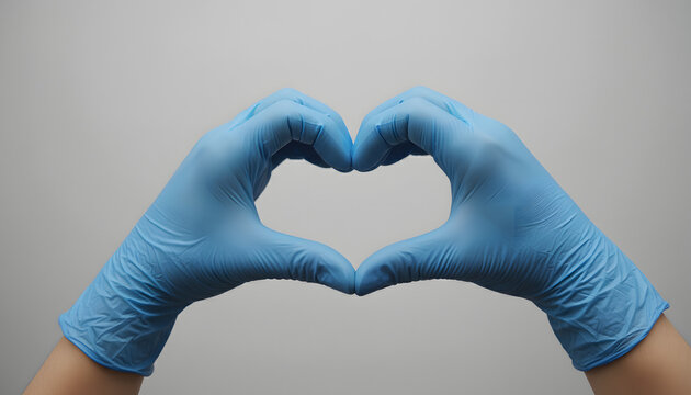 Close up of human hands wearing blue nitrile medical gloves forming a heart shape symbol against a plain grey background, concept of healthcare support and gratitude