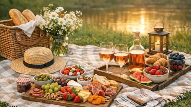 Golden light bathes a lakeside picnic setup. Fresh bread, cheese, fruit, and wine grace wooden boards. Baskets, hats, and flowers add charm to the spread. Plaid blanket covers grass beside calm