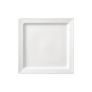 Empty square white ceramic plate for serving food on a dining table isolated on transparent background