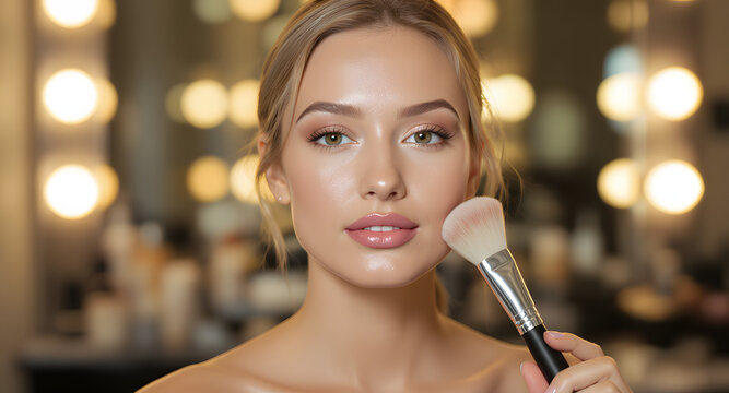 Portrait of a beautiful young woman applying powder with a cosmetic brush on her cheek against a blurred vanity mirror background with bright warm bokeh lights