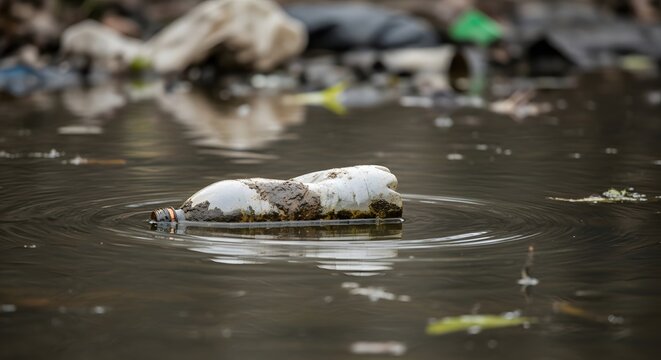 Plastic bottle floating in murky water