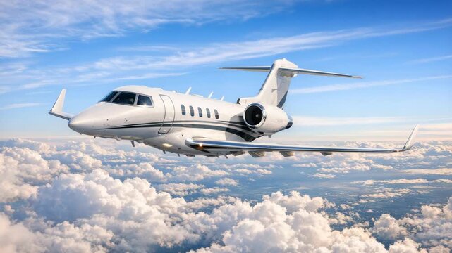 A luxurious private jet soaring through a clear sky with fluffy clouds below.