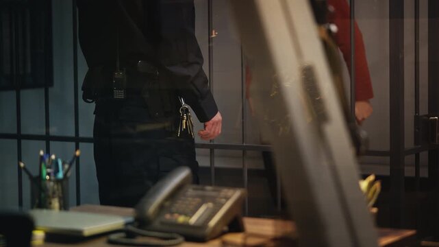 Corrupt police officer accepting a bribe from an arrested man in custody
