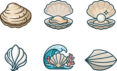 Oyster and Scallop Sea Shell Icon Set Featuring Open Clam with Pearl Ocean Wave and Coral Reef VectorsOyster and Scallop Sea Shell Icon Set Featuring Open Clam with Pearl Ocean Wave and Coral Reef Vec © Mohammad