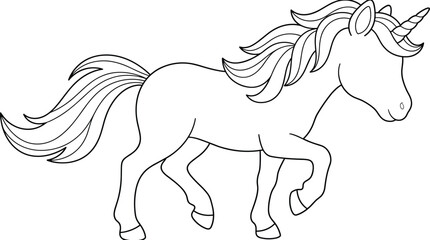 Unicorn line drawing vector illustration with prancing pose, mythical fantasy horse outline, flowing mane artwork, and elegant coloring page design © MstMostarina