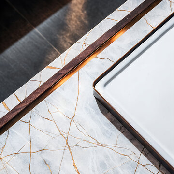 White marble and gold toned metal frame detail close up architectural photography veined polished metallic