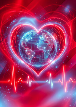 Digital Glowing Heart with World Map and ECG Light Effects