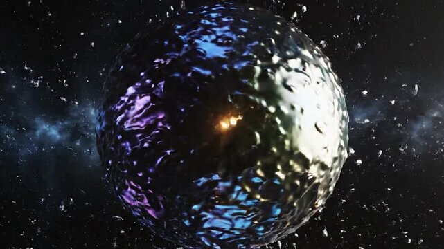 Abstract metallic planet floating in a dark starry space