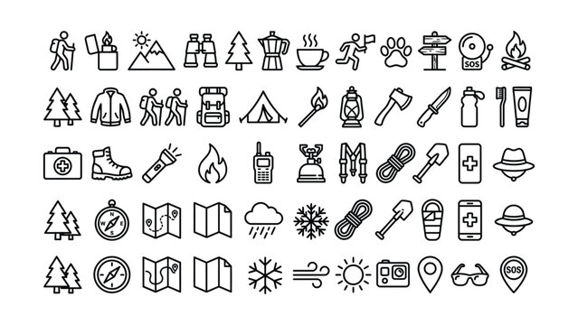 Collection of camping hiking outdoor activity icons with transparent background