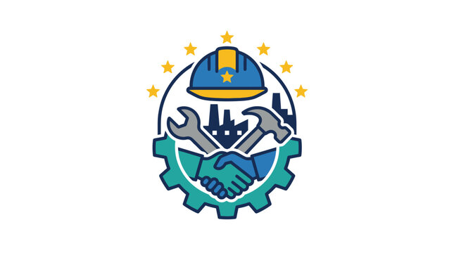 Elegant Blue Hard Hat and Gear with Handshake and Gear Symbols on Globe with high quality professional line art symbols for modern creative design and digital branding projects