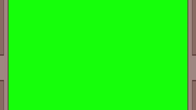 Minimalist 2d animation featuring wooden double doors opening to reveal a bright green screen background