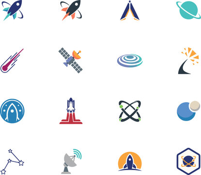 Modern flat space exploration vector icon set featuring rockets planets satellites galaxies astronomy radar dishes and cosmos discovery technology elements,