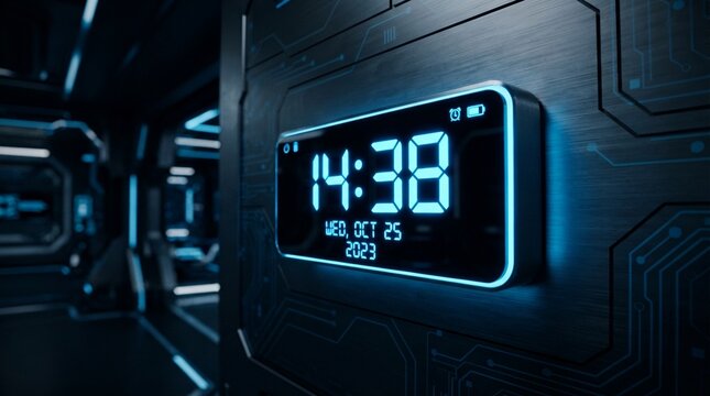 Digital clock on a futuristic wall. Sci-fi neon time display in a dark tech corridor.