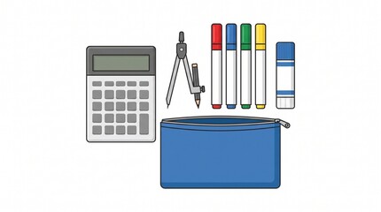 Obraz premium Back to school supplies including calculator compass markers glue stick and pencil case on white background