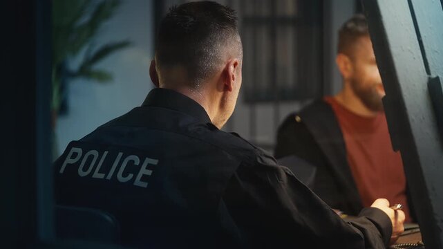 Arrested man giving a statement to a police detective during interrogation
