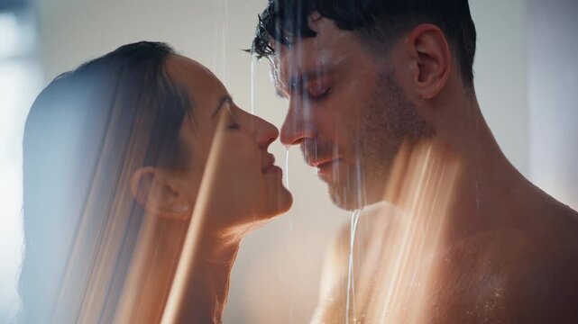 Sensual couple about to kiss under shower. Closeup intimate lovers bathing
