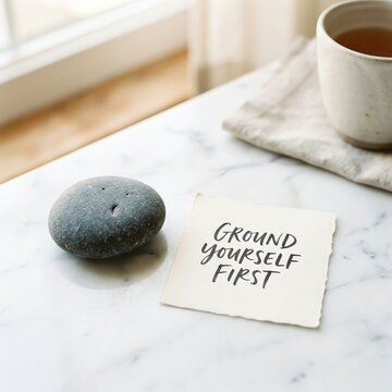Zen stone and "Ground Yourself First" note on marble table with tea cup