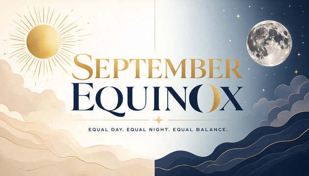 September equinox concept design with sun and moon celestial background, september