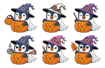 Naklejka premium Set of cute cartoon penguins wearing witch hats and cloaks while sitting inside orange halloween pumpkins with various festive accessories