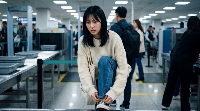 Tired young woman tying her shoes at an airport security checkpoint